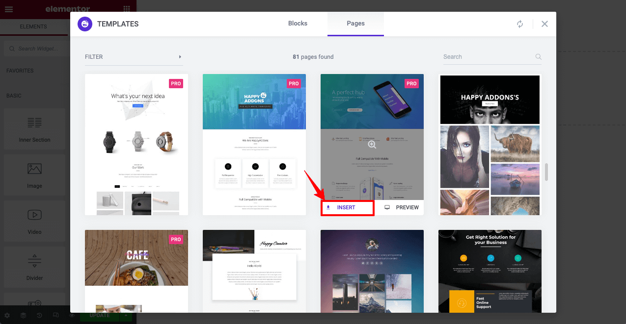 Insert a template in Elementor canvas from the library