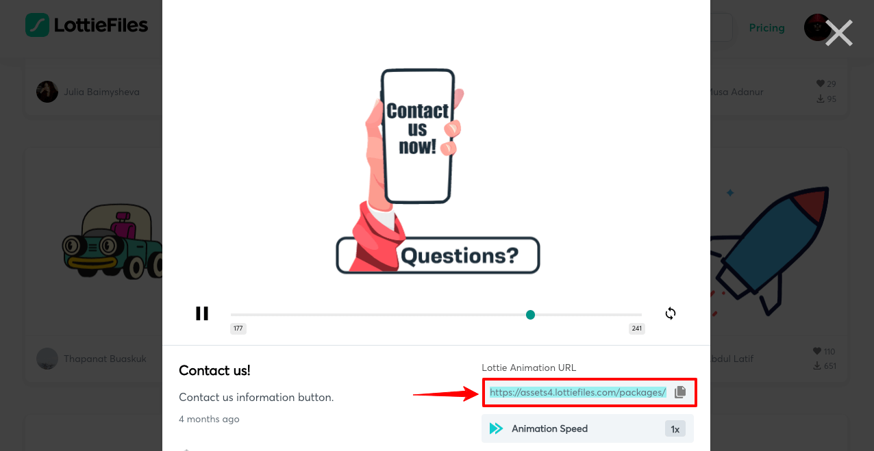 Copy Lottie Animation URL from LottieFiles.com