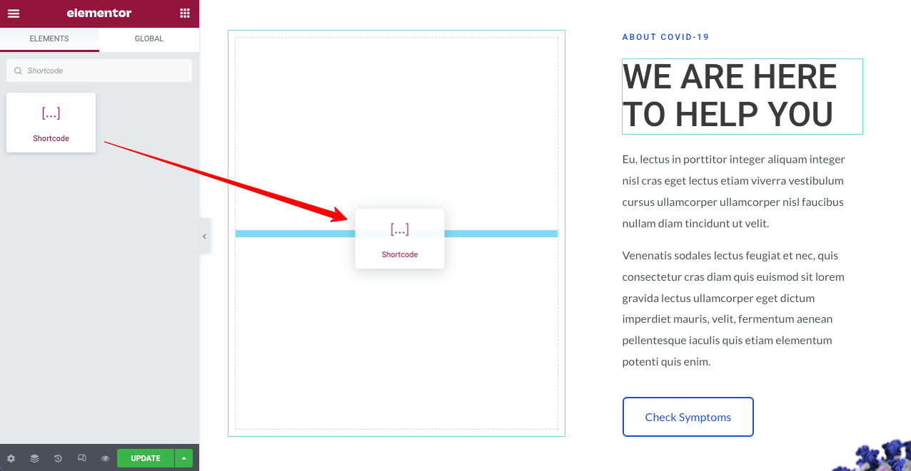 Drag and Drop the Shortcode widget to add Lottie Animation in Elementor Website