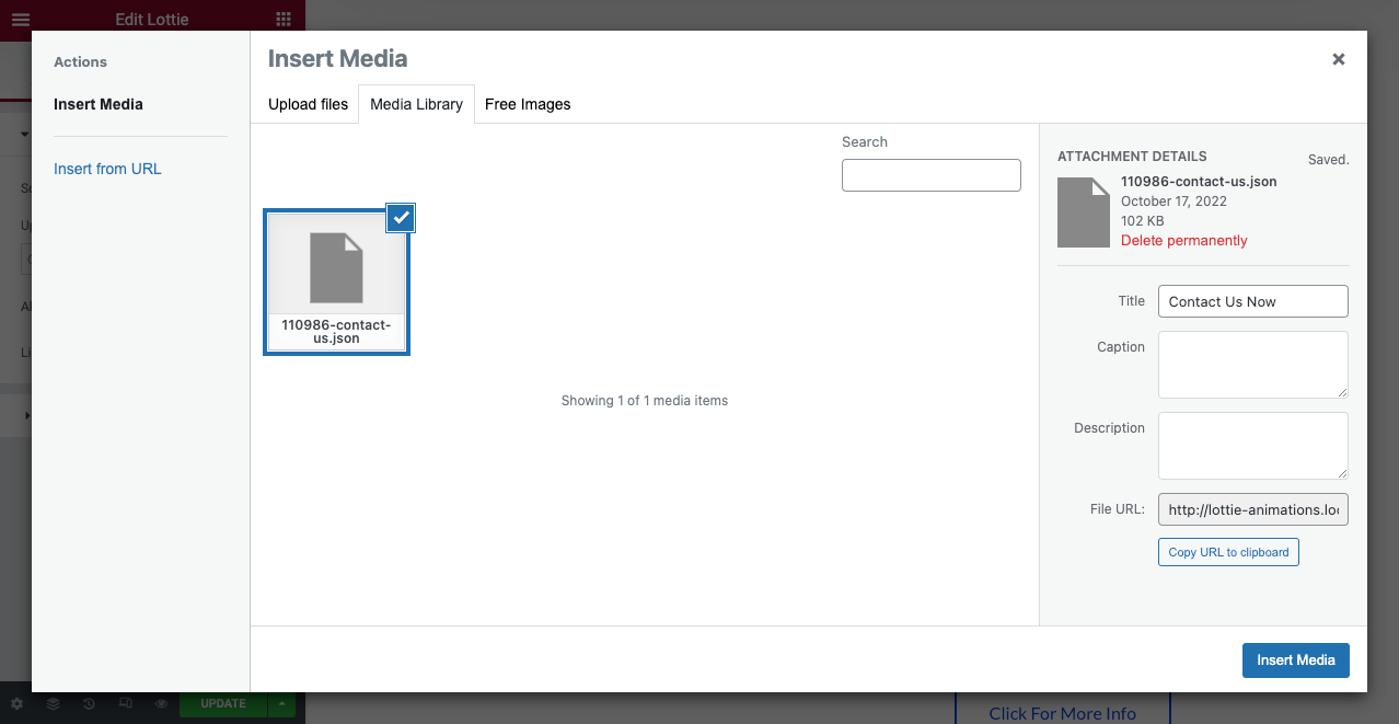 Insert the Lottie Animation file into your Elementor site through the Media File