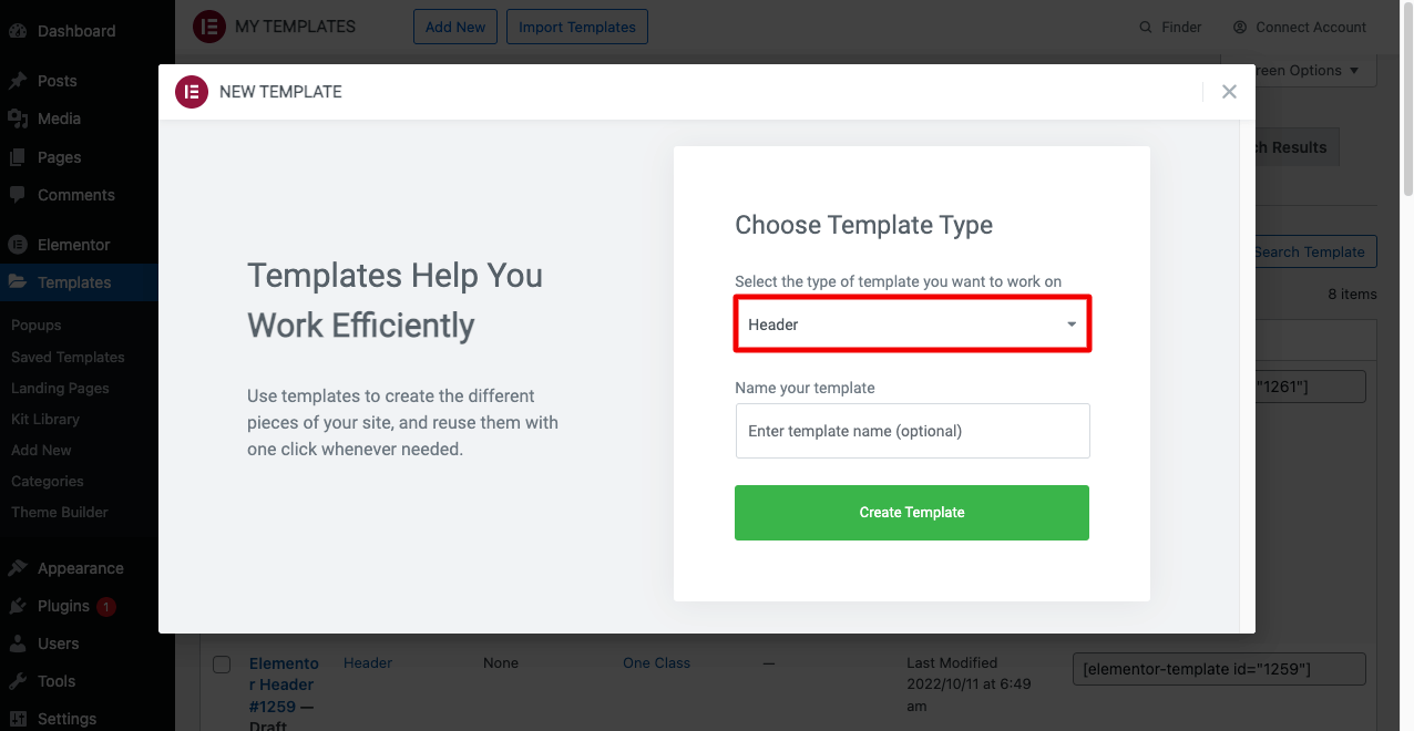 Select the Header Template from the Elementor Library