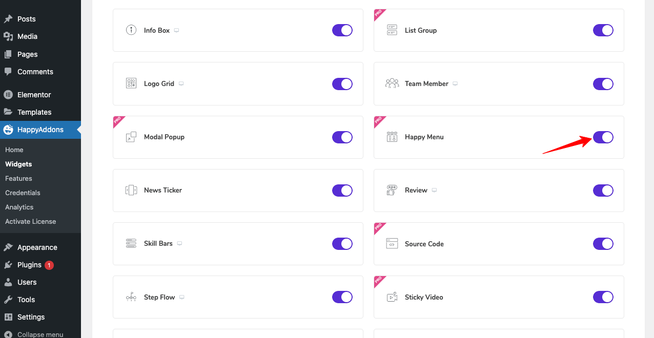 Toggle on the Happy Menu Widget of Happy Elementor