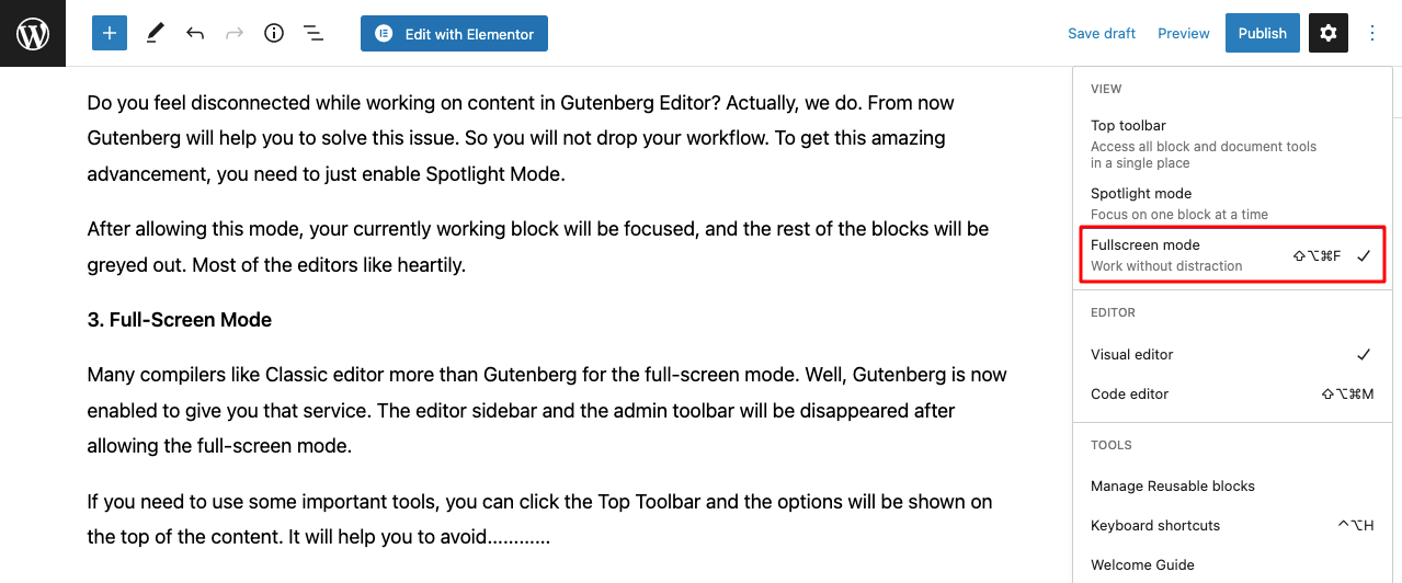 Full Screen Mode of the Gutenberg Editor