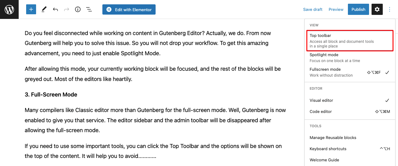 Top Toolbar of Gutenberg Editor