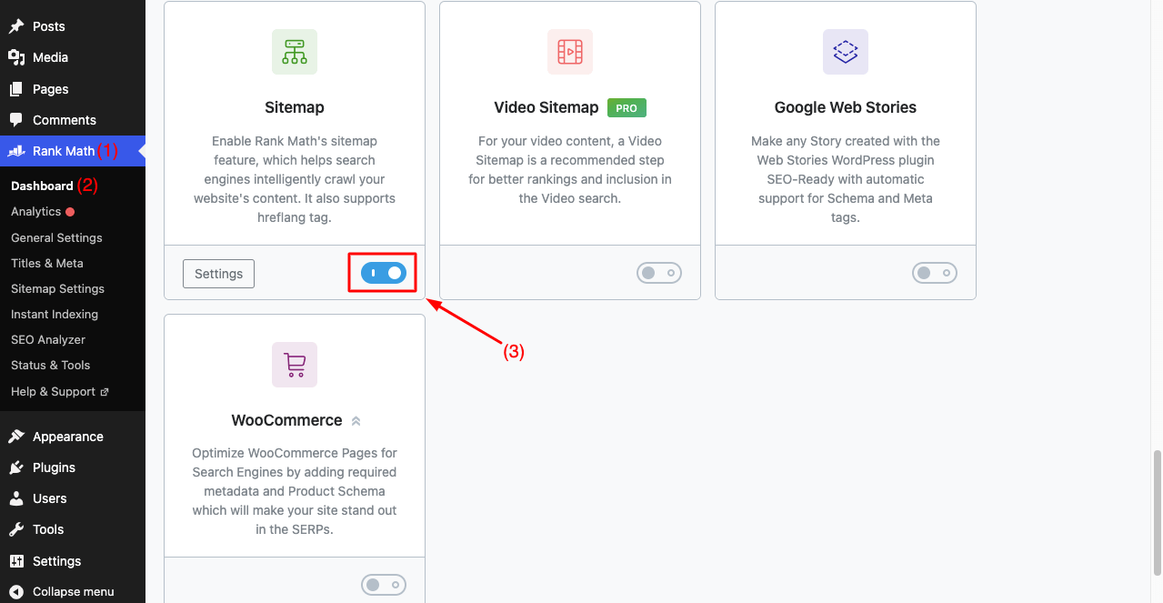 Toggle On the Sitemap on Rank Math SEO