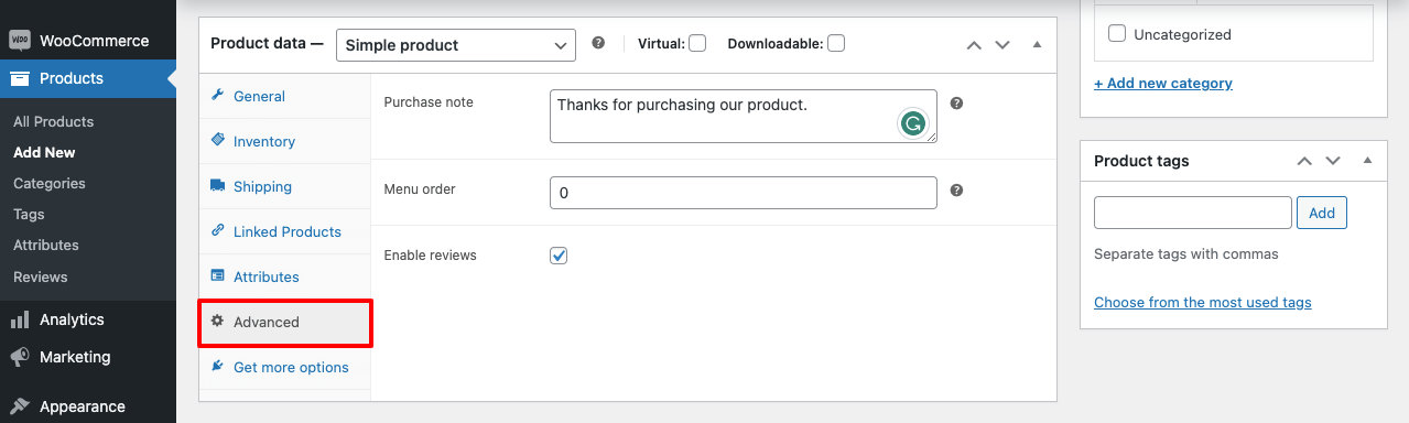 Advanced tab in WooCommerce