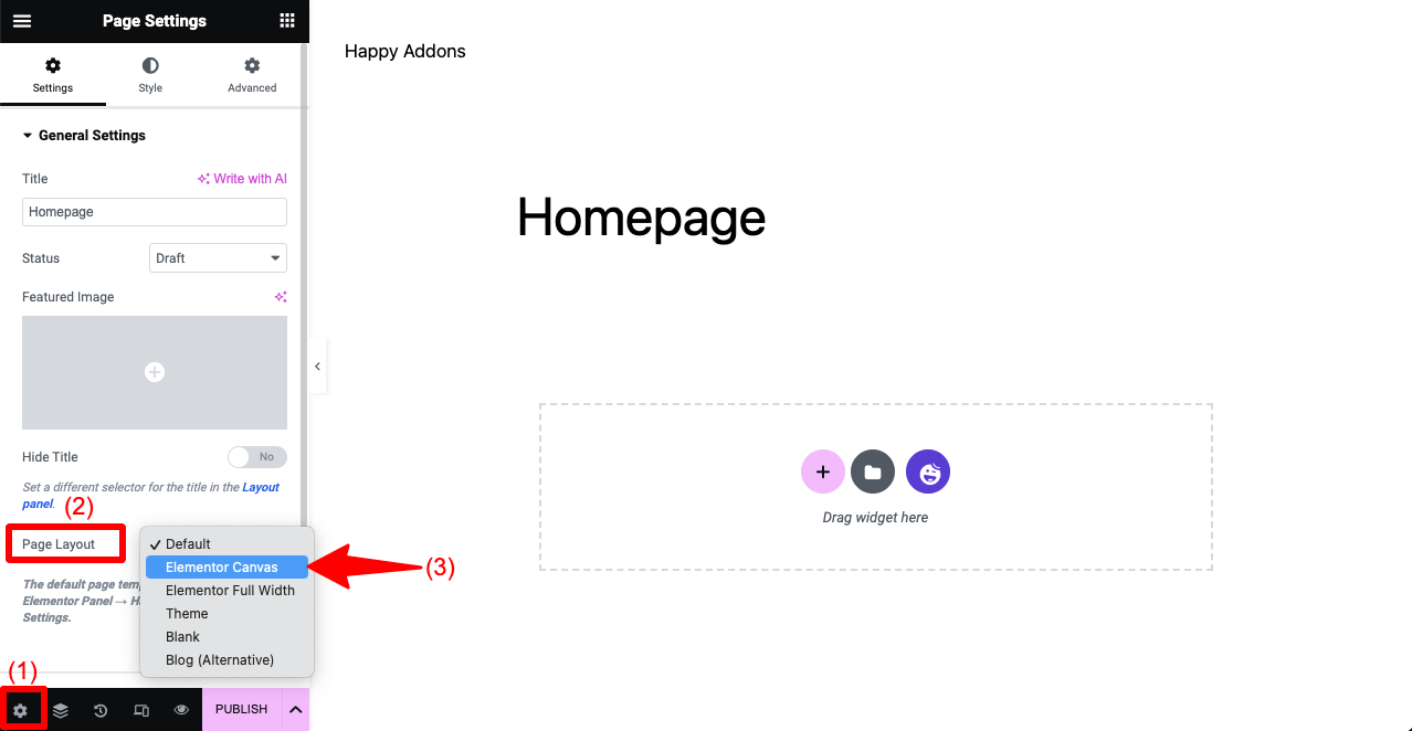 Set Page Layout Elementor Canvas