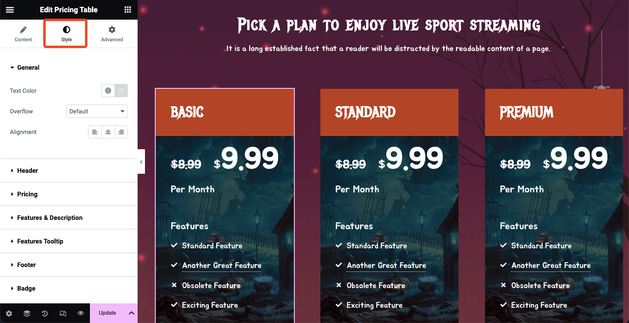 Customize the pricing table font