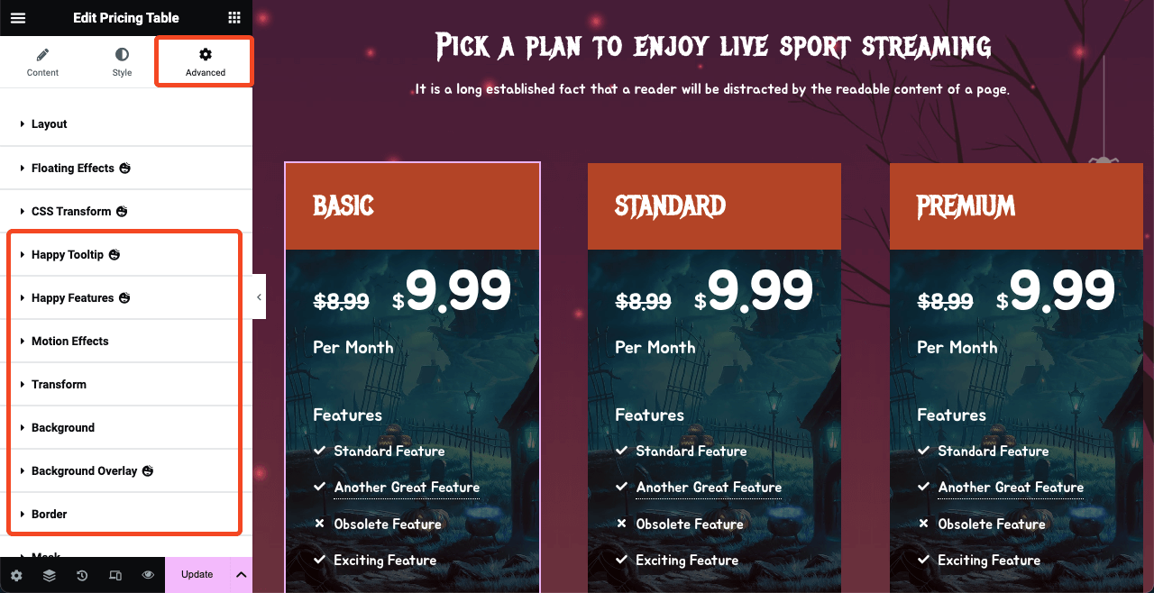 Further customization options for the pricing table