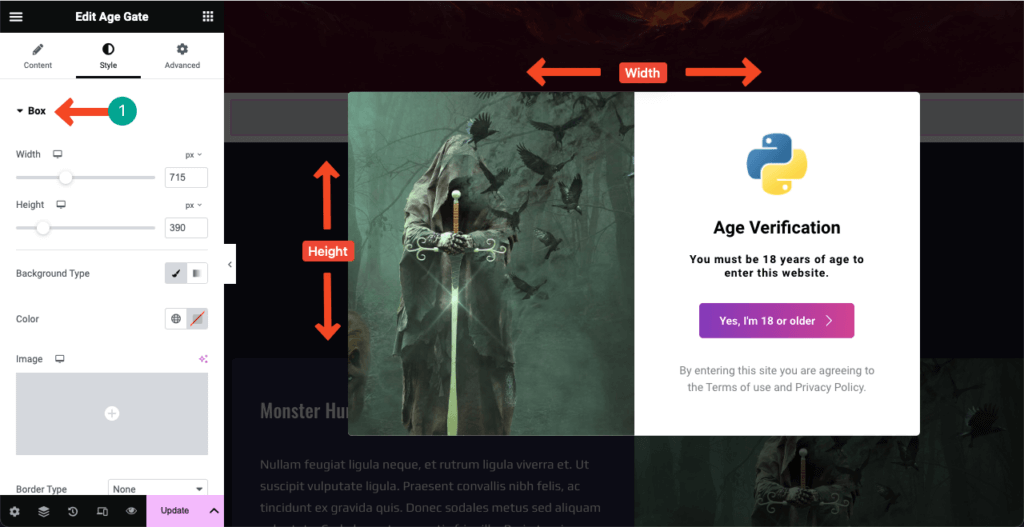 Expand the height and width of the Age Verification form