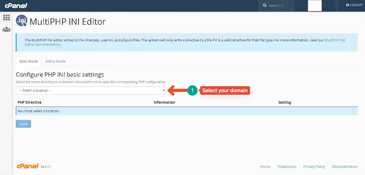 Select your domain to configure PHP INI basic settings