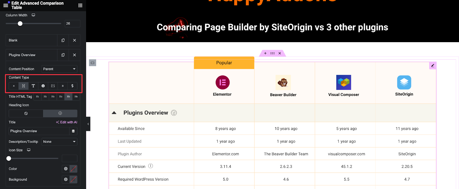 Step by step guid on Creating an Advanced Comparison Table with Elementor