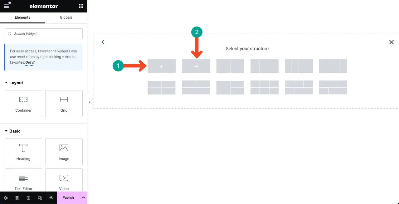 Select a directional column of Elementor flexbox