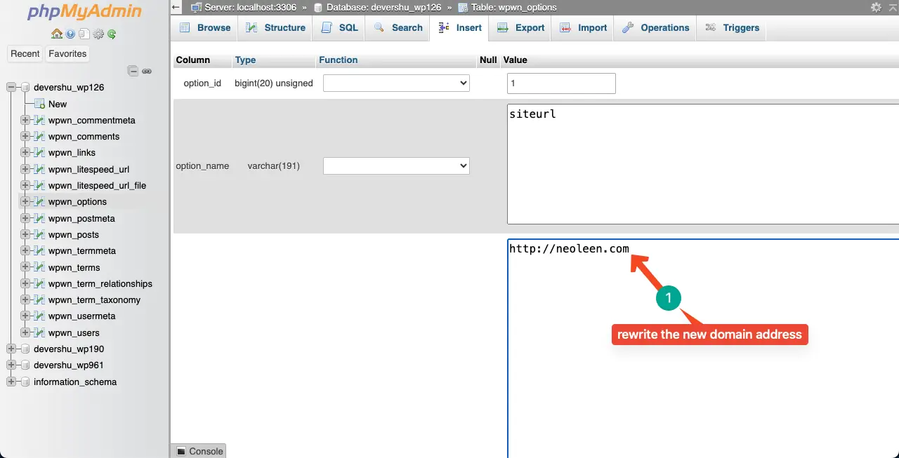 Write your new domain address in the database