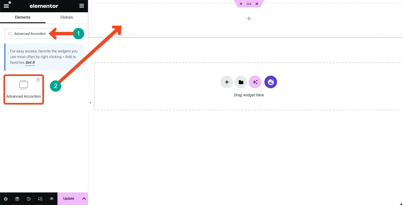 Drag and drop the Advanced Accordion widget to the Elementor Canvas