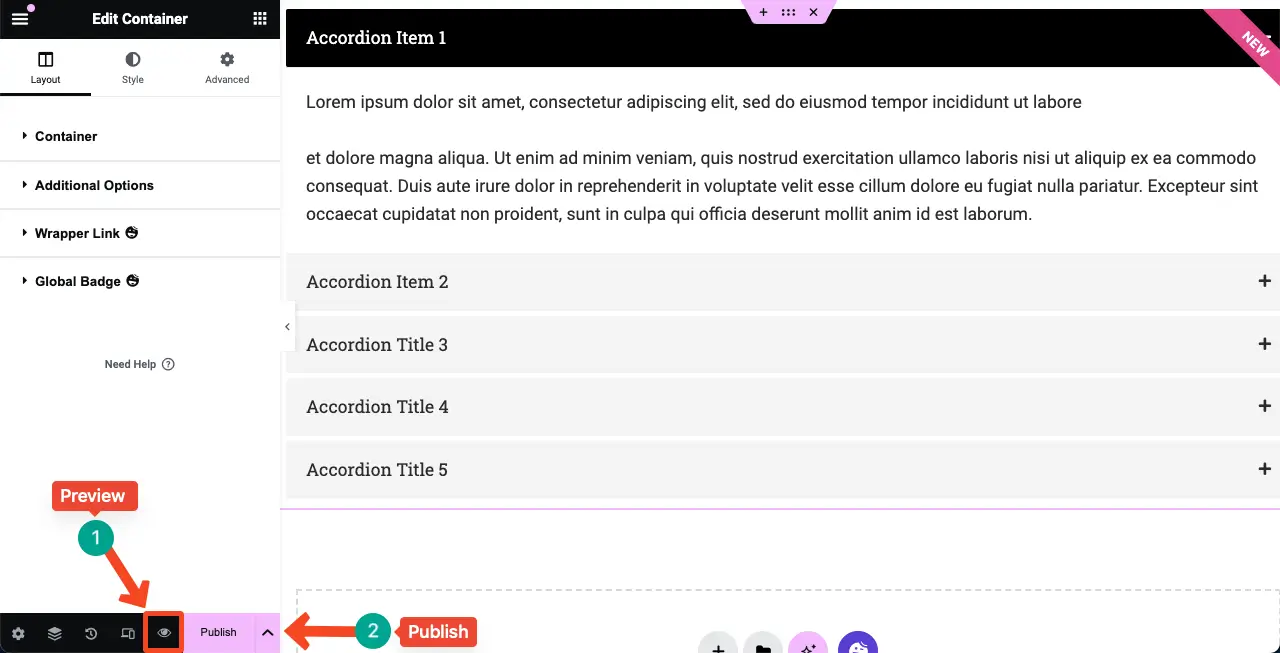 Preview and Publish the Advanced Accordion Widget