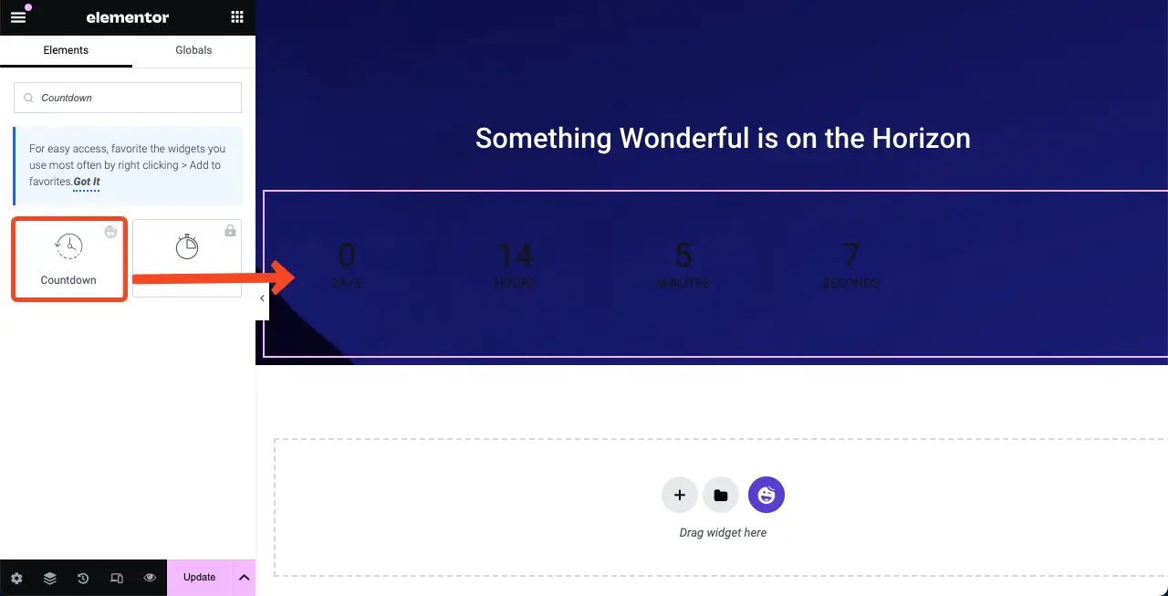 Add the Countdown Widget to the Elementor Canvas