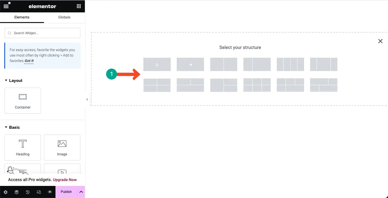 Select a Structure to Add Content on the Elementor Canvas