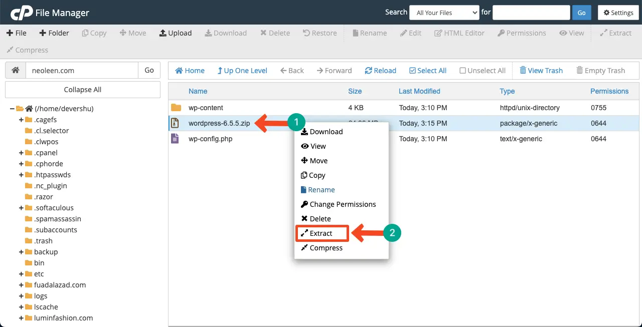 Extract the core WordPress zip file on the file manager