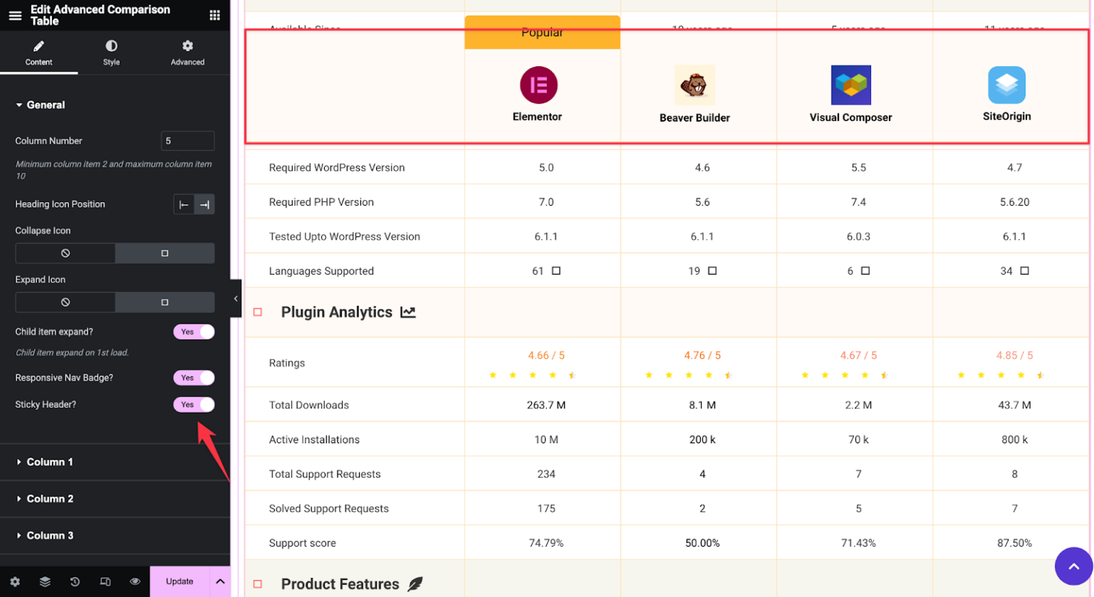 Advanced Comparison Table - HappyAddons