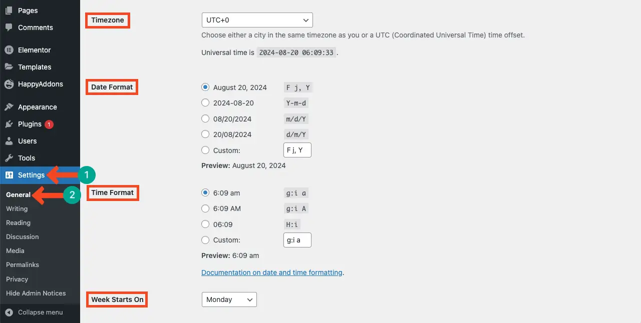 Configure time settings on your WordPress backend