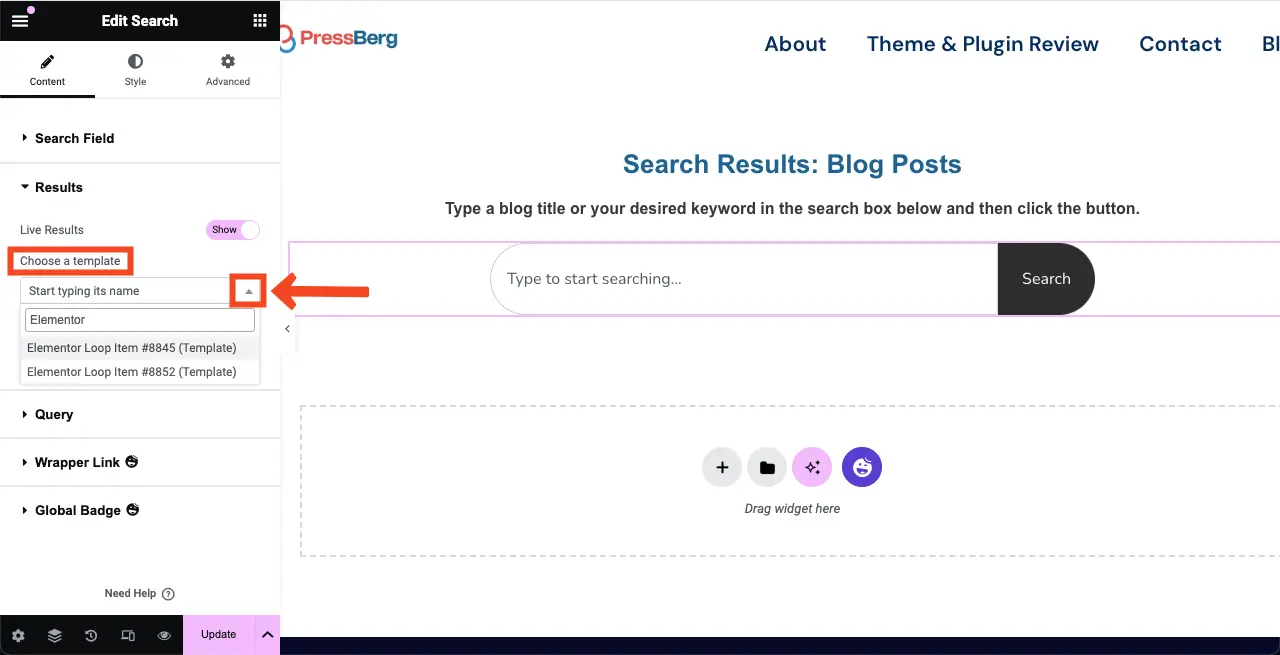 Add the template to the live search results