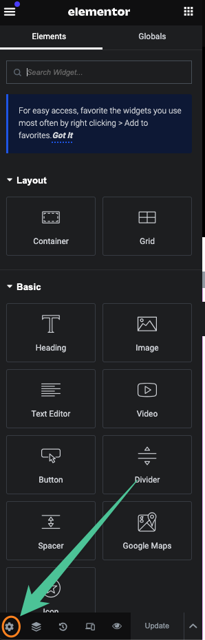 Elmentor page settings