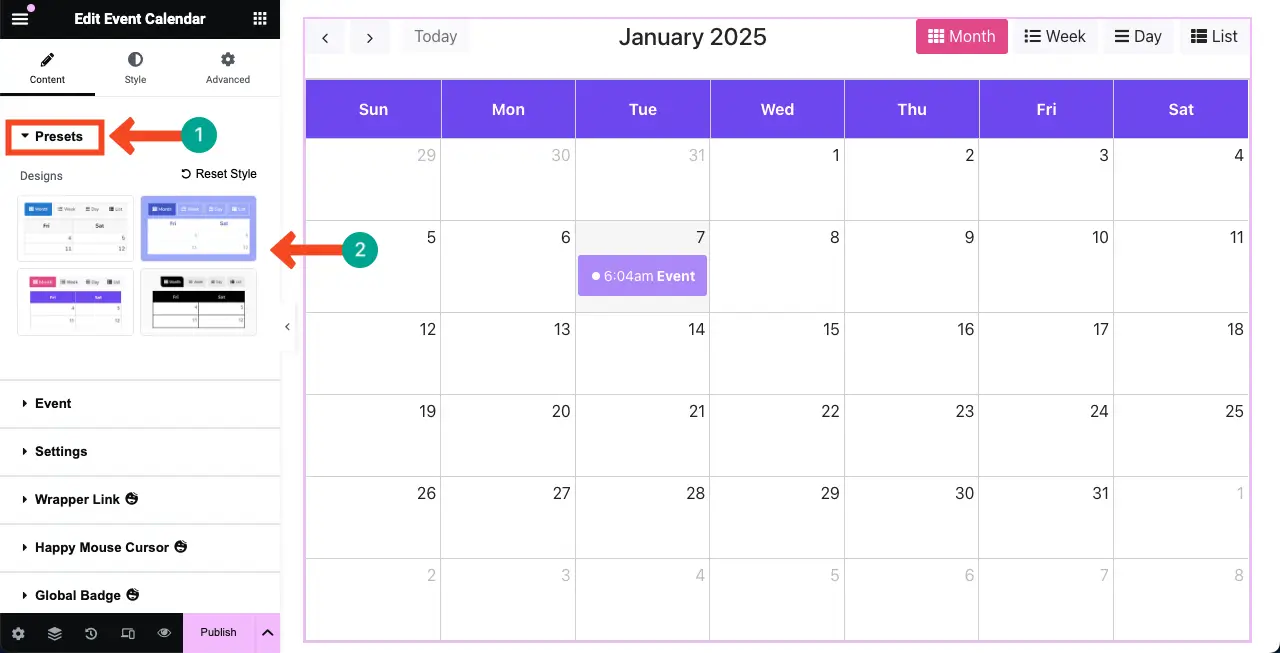 Select a Preset for the Event Calendar