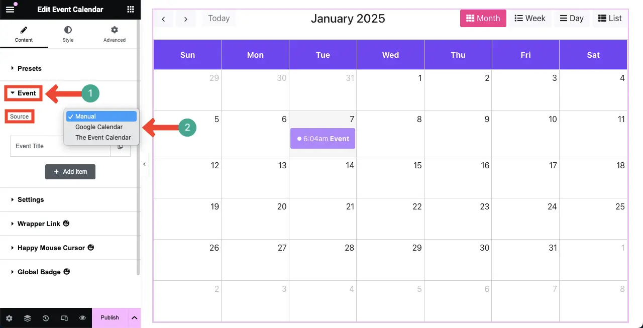 Select a Source for the Event Calendar