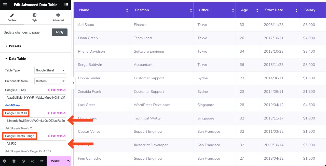 How to Embed a Google Sheet in WordPress Table and Make it Sortable 11 Add Google Sheet ID and Google Sheet Range