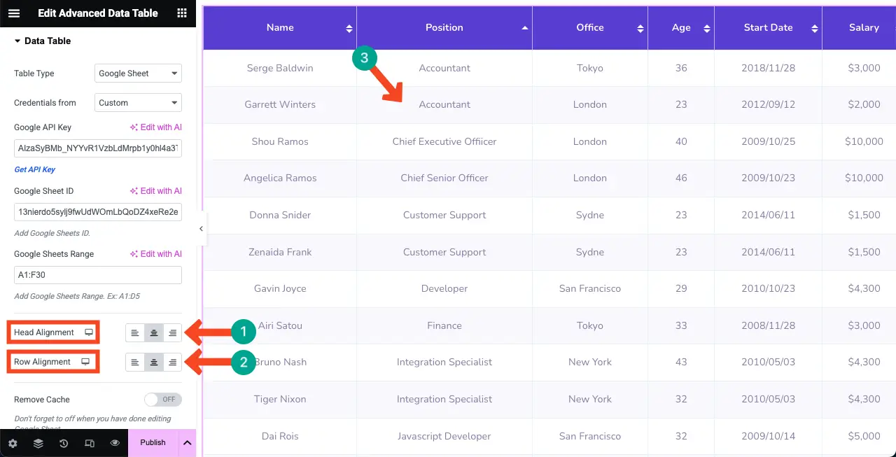 How to Embed a Google Sheet in WordPress Table and Make it Sortable 14 Change the Alignment of the Table Content