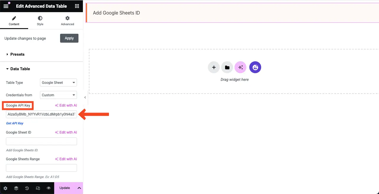 How to Embed a Google Sheet in WordPress Table and Make it Sortable 9 Place the Google API key to Elementor