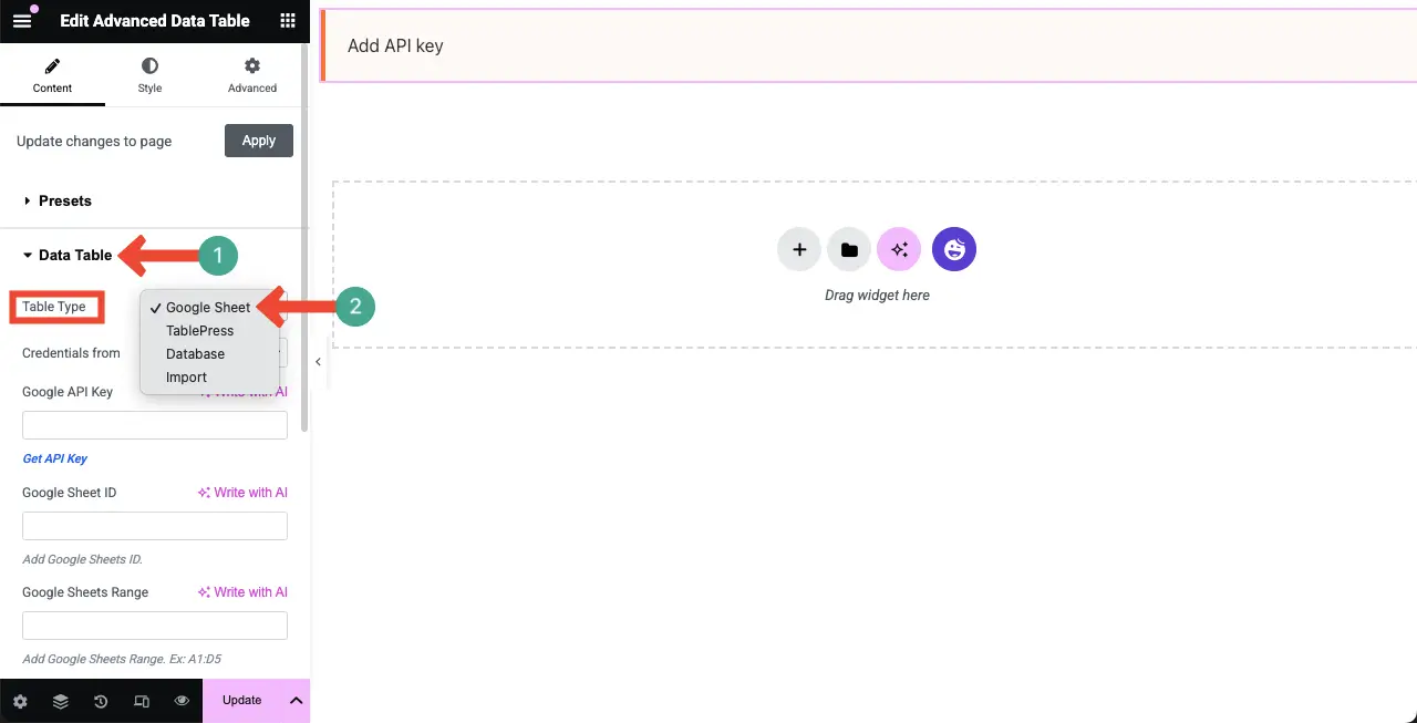 How to Embed a Google Sheet in WordPress Table and Make it Sortable 4 Select Google Sheet for the widget