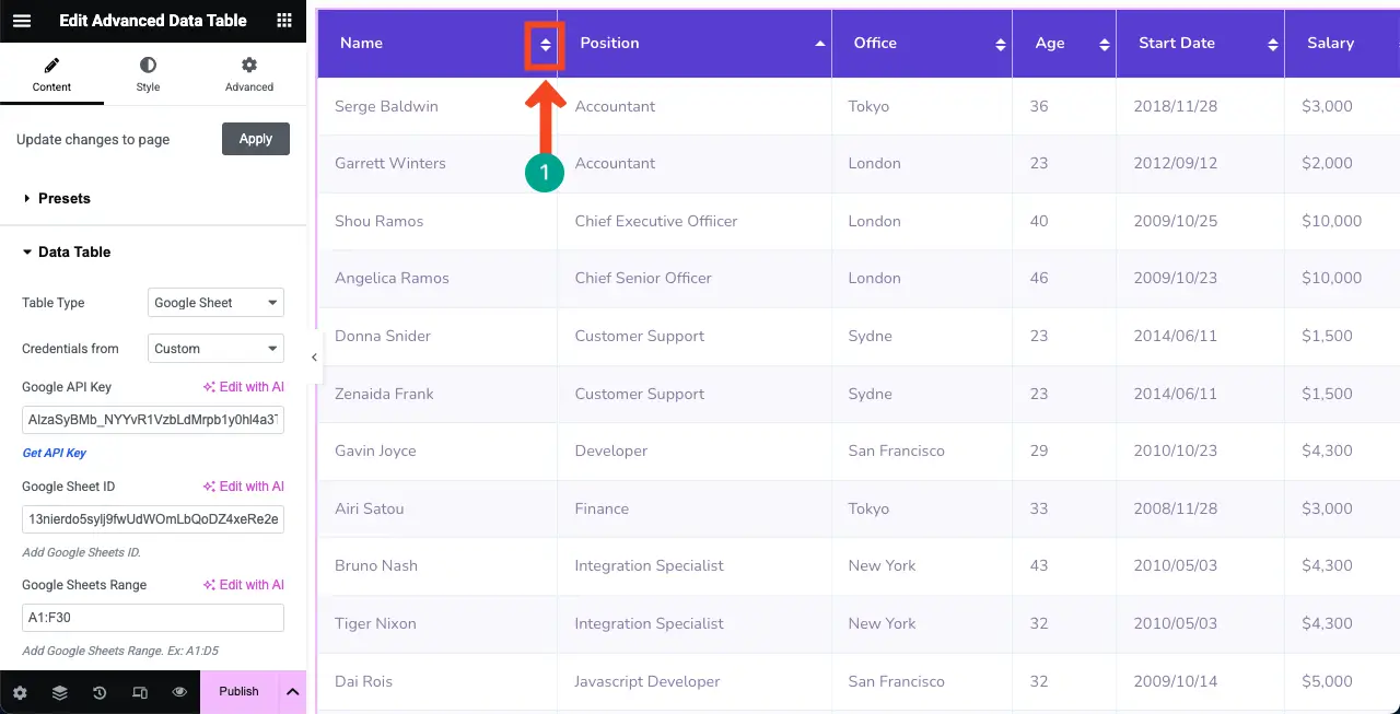 How to Embed a Google Sheet in WordPress Table and Make it Sortable 13 Sorting option is enabled in the table