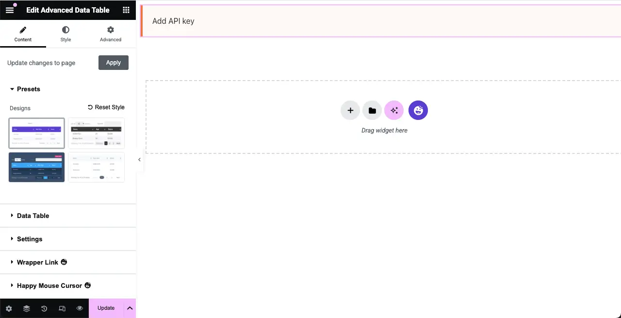 How to Embed a Google Sheet in WordPress Table and Make it Sortable 3 The Advanced Data Table widget is added to the editor