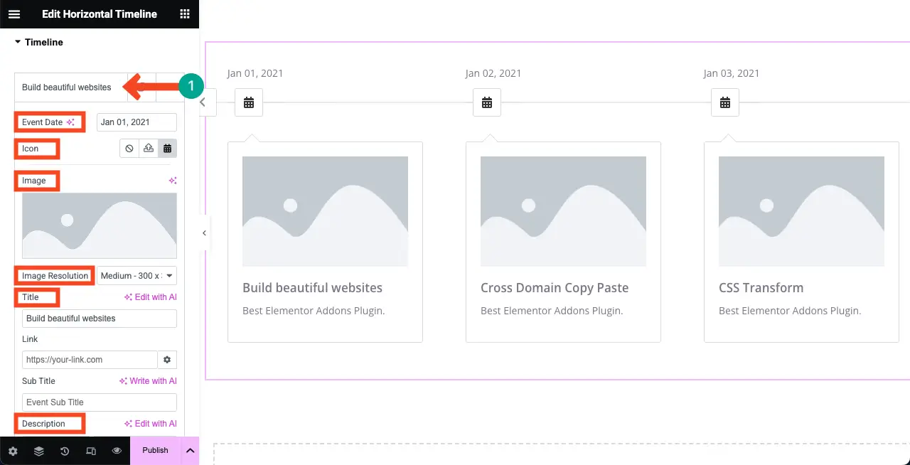 How to Create a Timeline in WordPress with Elementor 7 Add content to the tabs of the Horizontal Widget