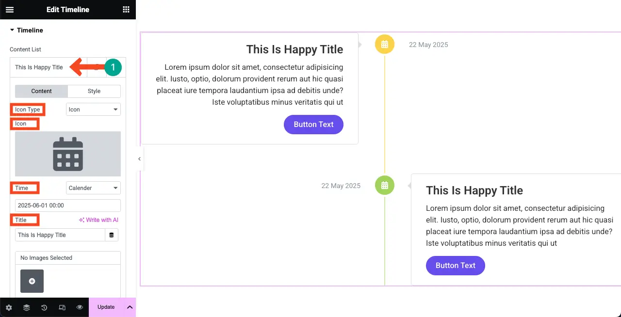 How to Create a Timeline in WordPress with Elementor 21 Add content to the verticle timeline