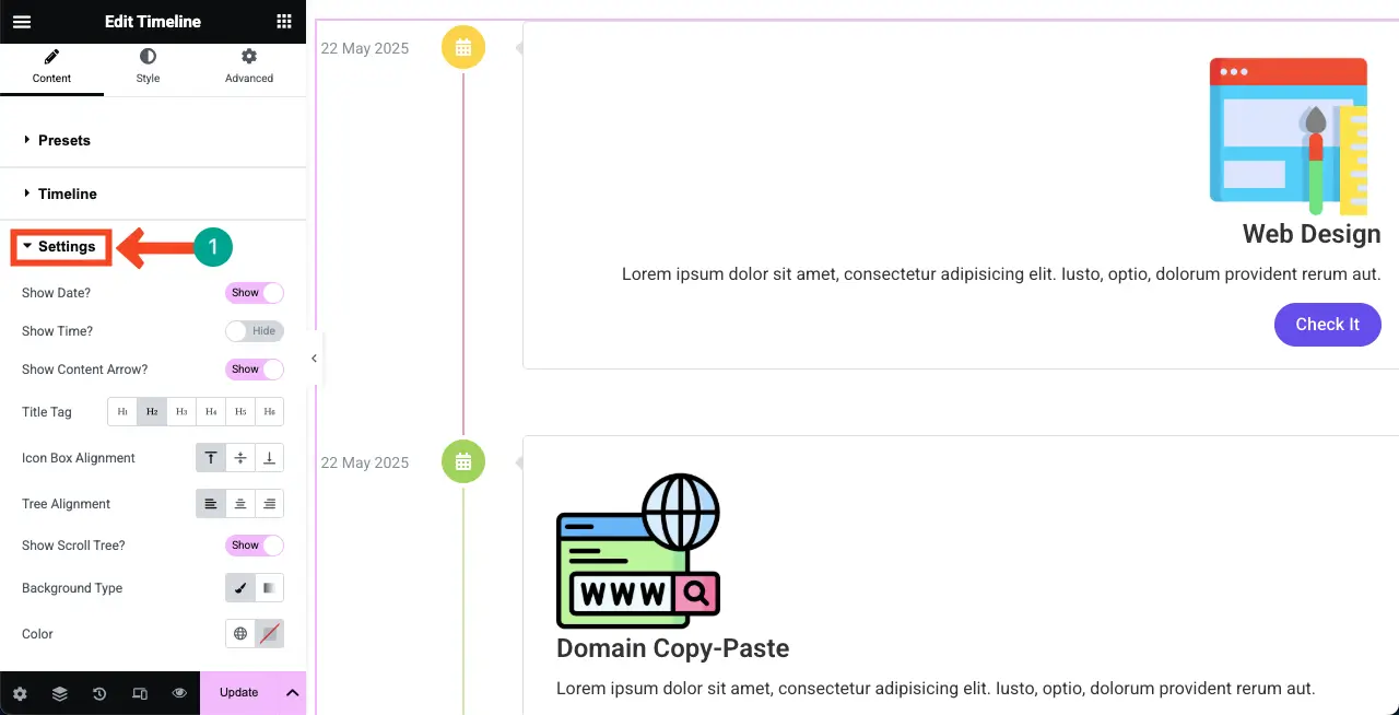 How to Create a Timeline in WordPress with Elementor 23 Configue Settings for the Verticle Timeline Widget