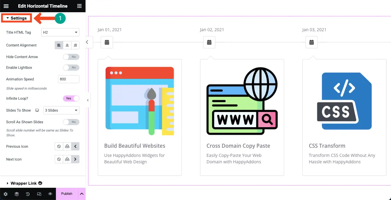 How to Create a Timeline in WordPress with Elementor 11 Configure Settings for the Horizontal Timeline Widget