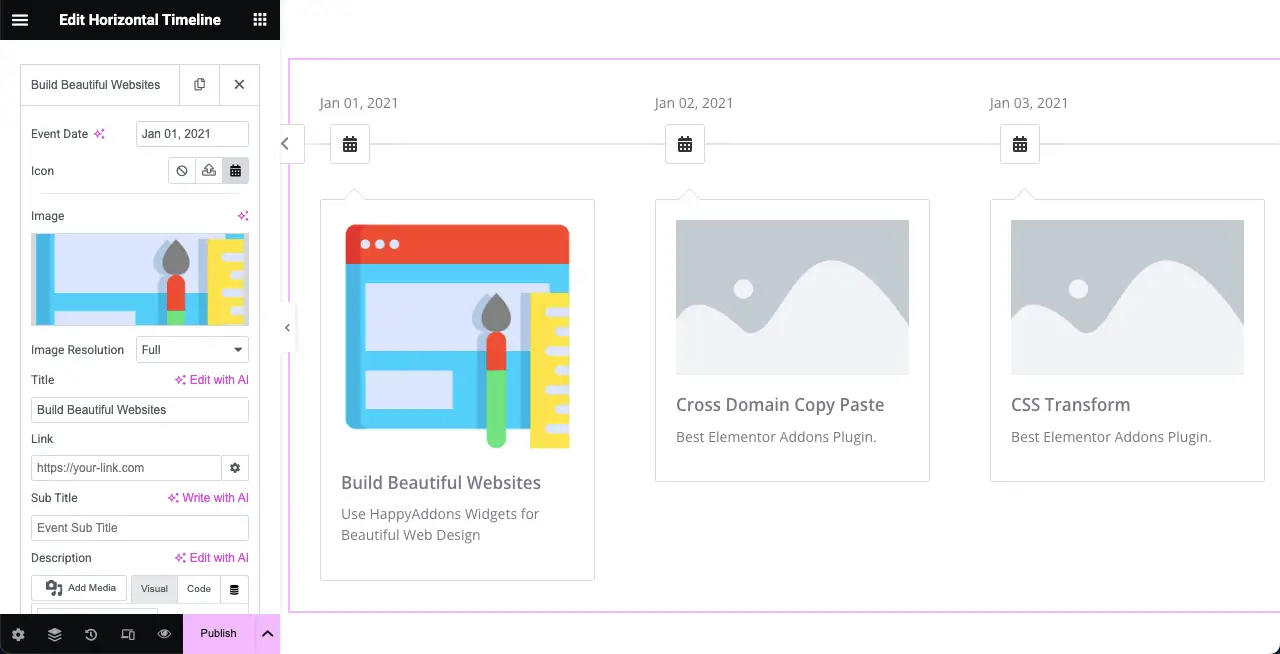 How to Create a Timeline in WordPress with Elementor 8 Content added to the horizontal timeline tab