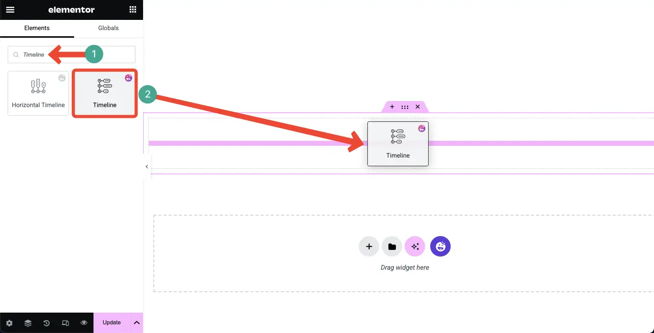 How to Create a Timeline in WordPress with Elementor 17 Drag-and-Drop the Timeline Widget to the Elementor Canvas