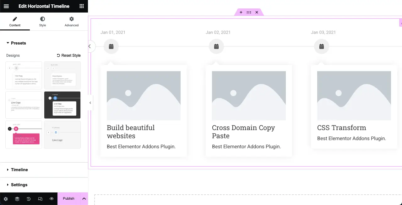 How to Create a Timeline in WordPress with Elementor 4 Horizontal widget is added to the Elementor canvas