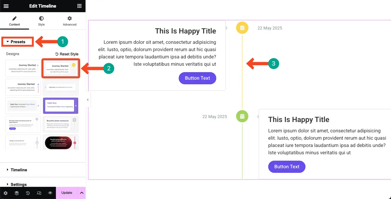 How to Create a Timeline in WordPress with Elementor 19 Select a Preset for the Vertical Timeline Widget