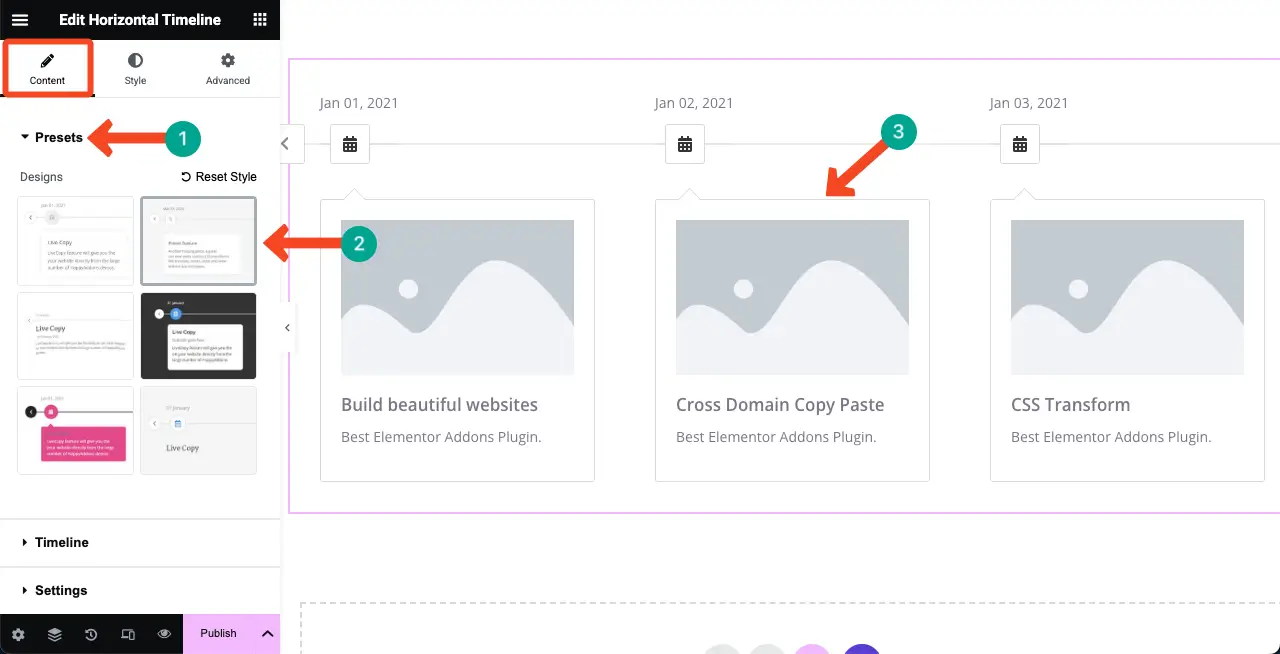 How to Create a Timeline in WordPress with Elementor 5 Select a Preset for the Horizontal Timeline Widget