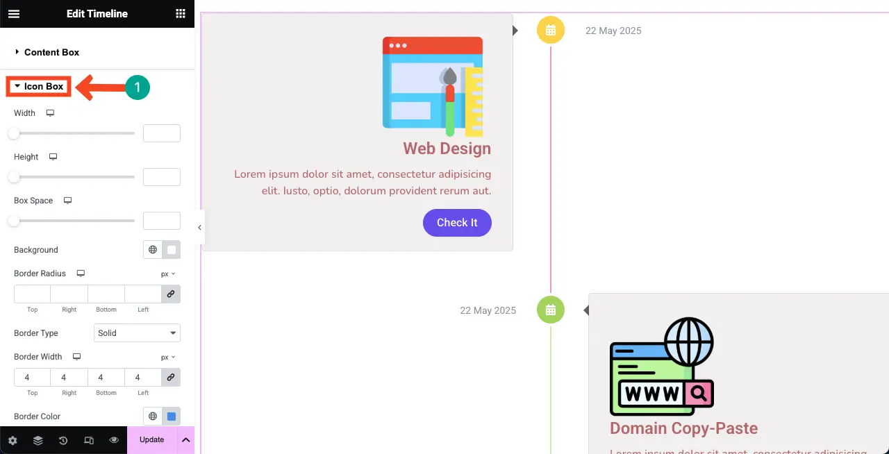 How to Create a Timeline in WordPress with Elementor 26 Stylize the Icon Box of the Verticle Timeline Widget