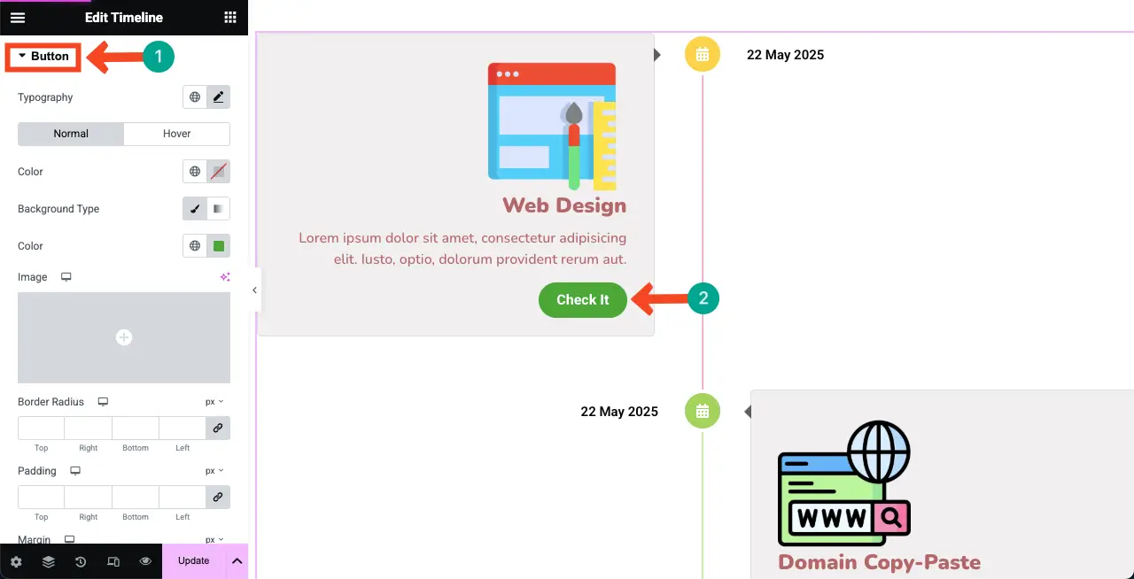 How to Create a Timeline in WordPress with Elementor 29 Stylize the button on the verticle timeline widget