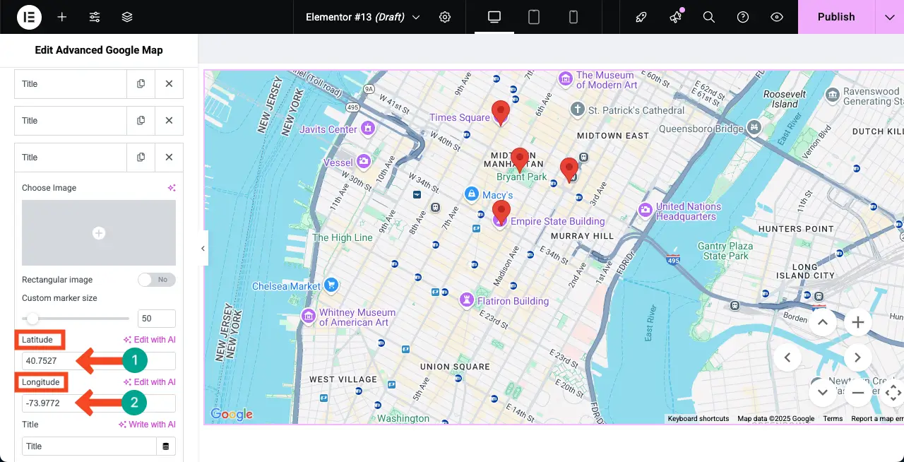 How to Make a Google Map with Multiple Pins in WordPress 17 Add latitude and longitude to pins on Google Map