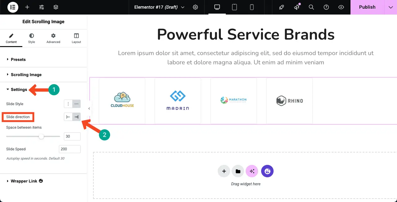 How to Create an Auto Scrolling Image Gallery in WordPress with Elementor 10 Configure Slide direction for the widget