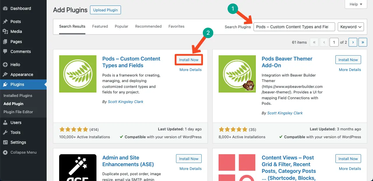 How to Create a Dynamic Web Page in WordPress with Elementor 3 Install the Pods Admin Plugin