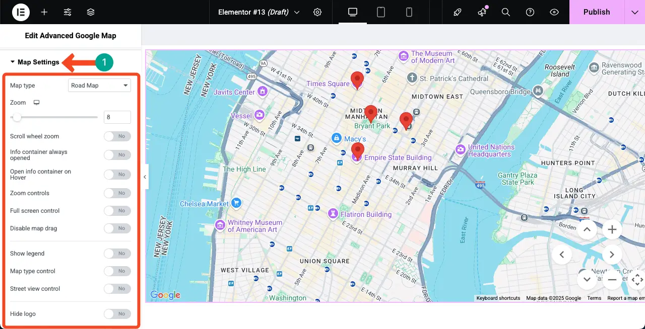 How to Make a Google Map with Multiple Pins in WordPress 19 Mag Settings options of the Advanced Google Map widget